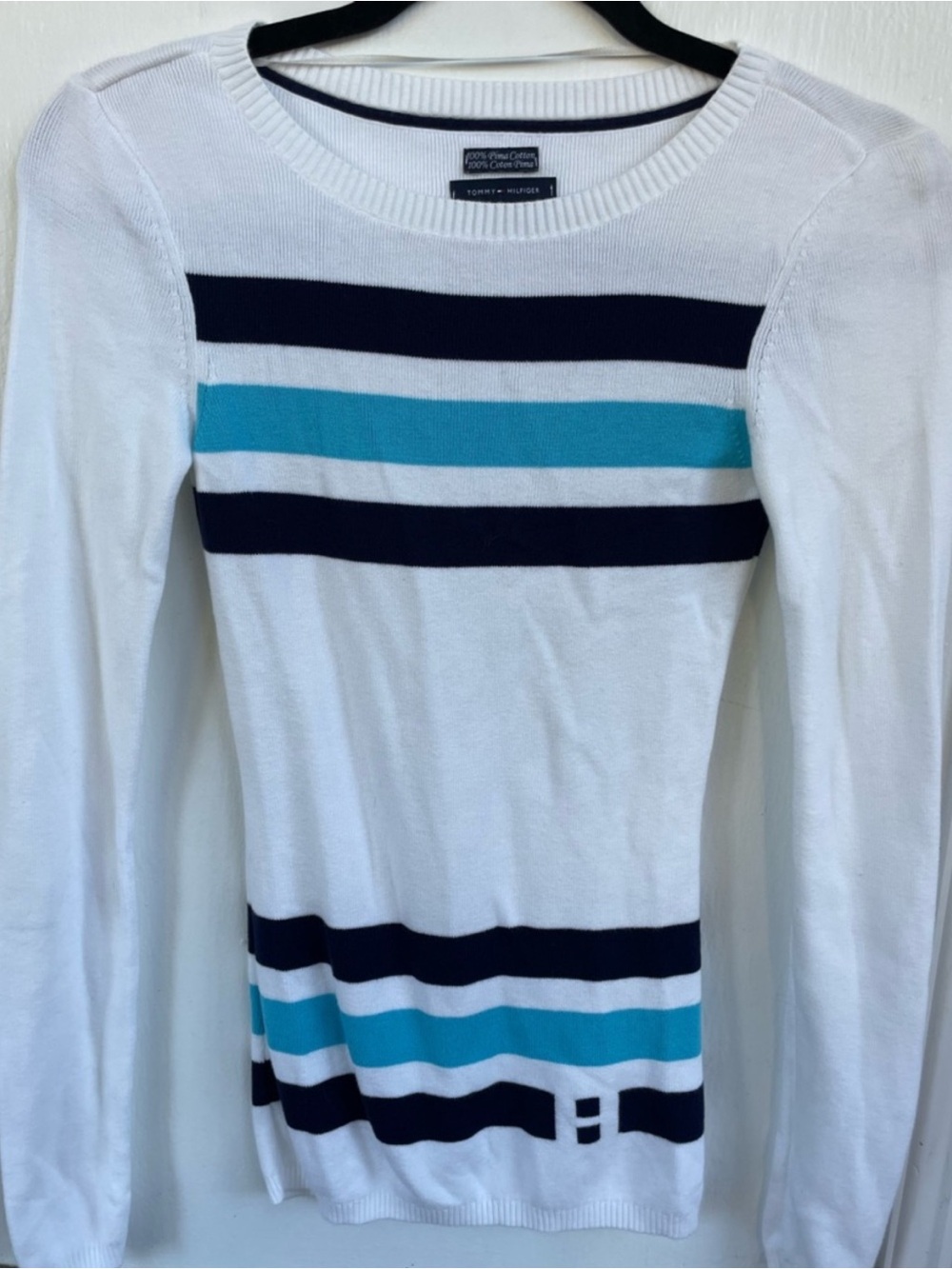 Tommy Hilfiger White Crewneck Sweater with Navy & Teal Stripes